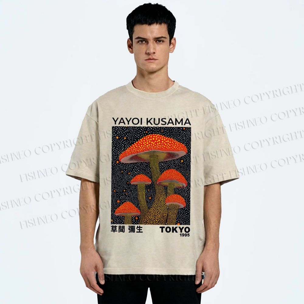 Unisex Yayoi Kusama Red Mushroom Printed Washed Tee