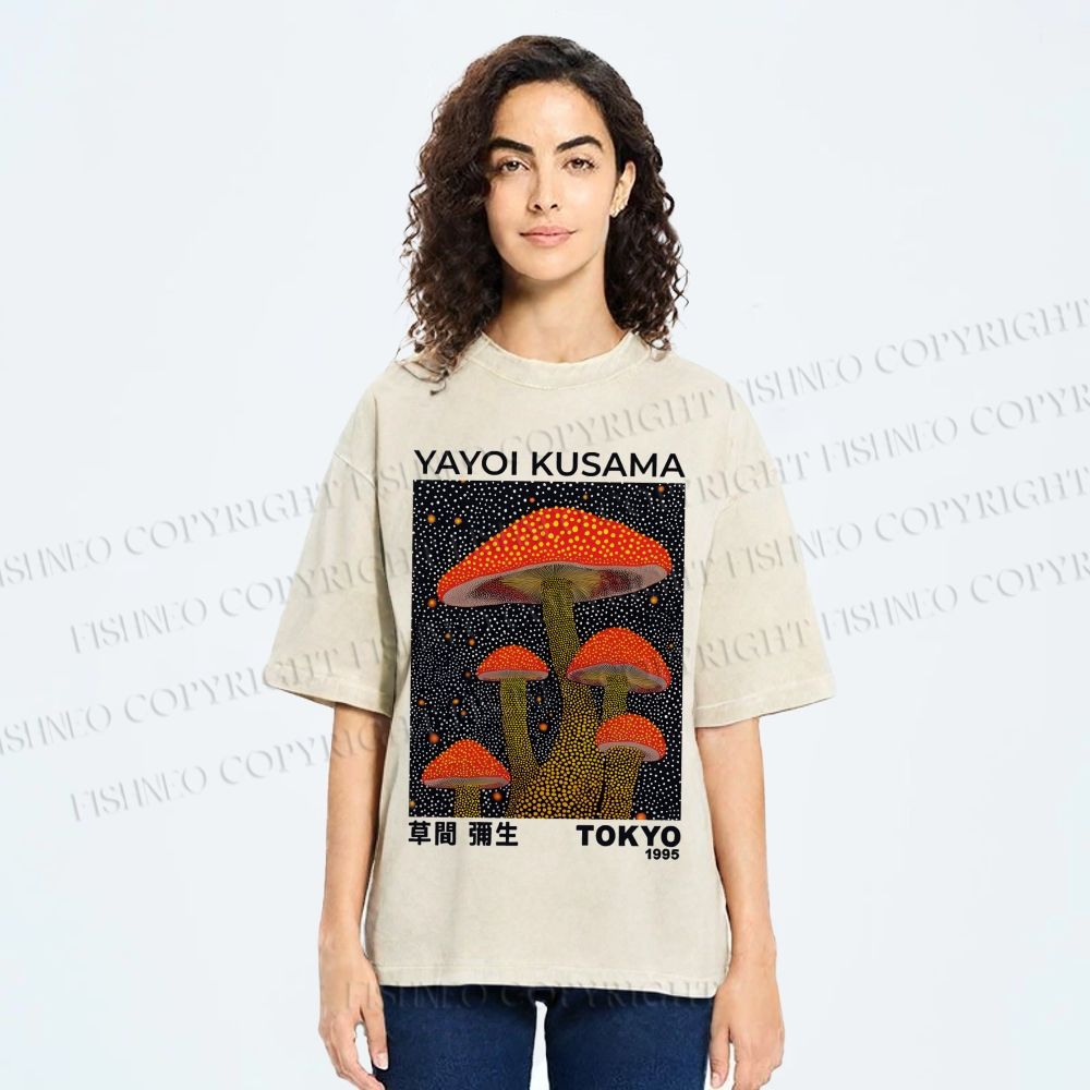 Unisex Yayoi Kusama Red Mushroom Printed Washed Tee
