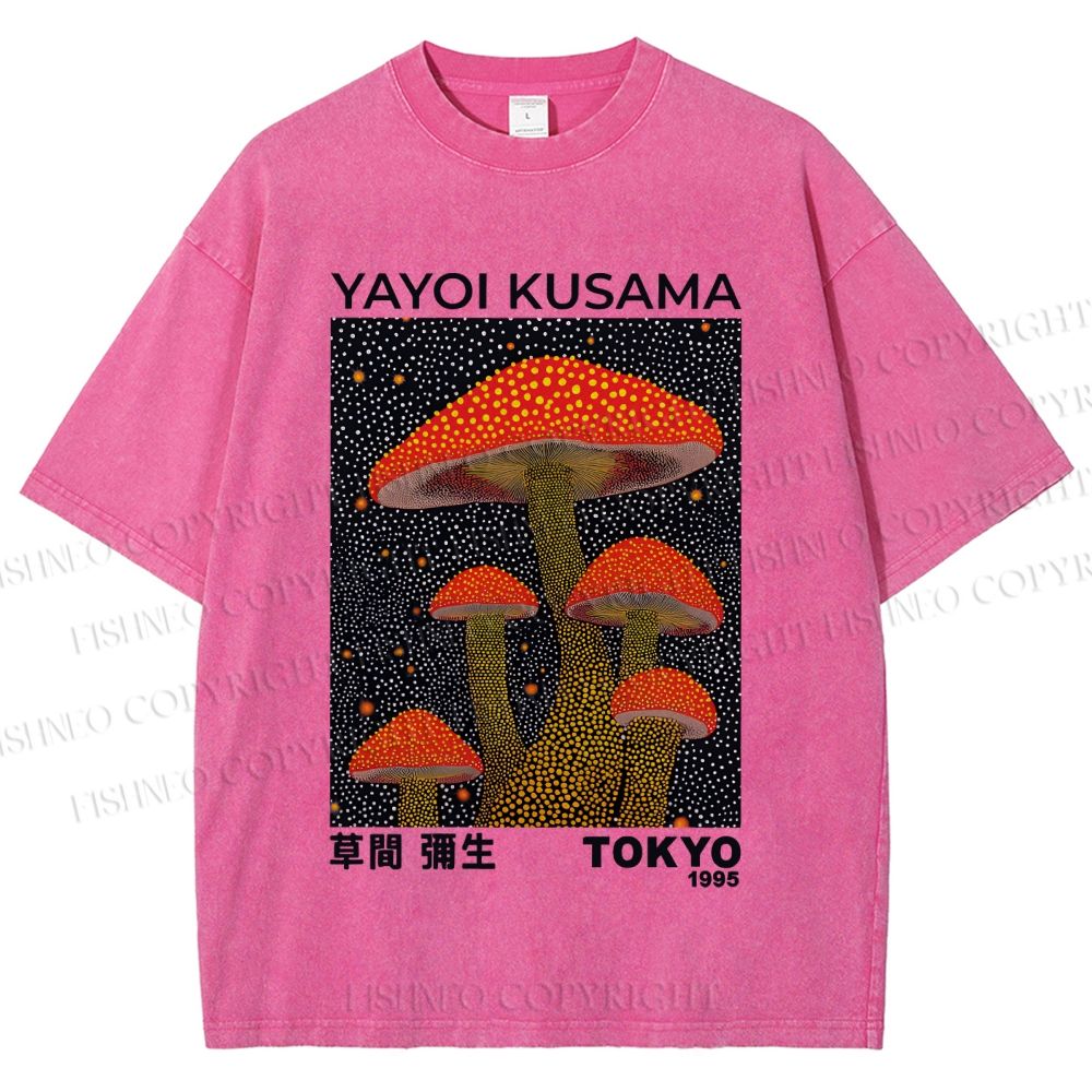 Unisex Yayoi Kusama Red Mushroom Printed Washed Tee