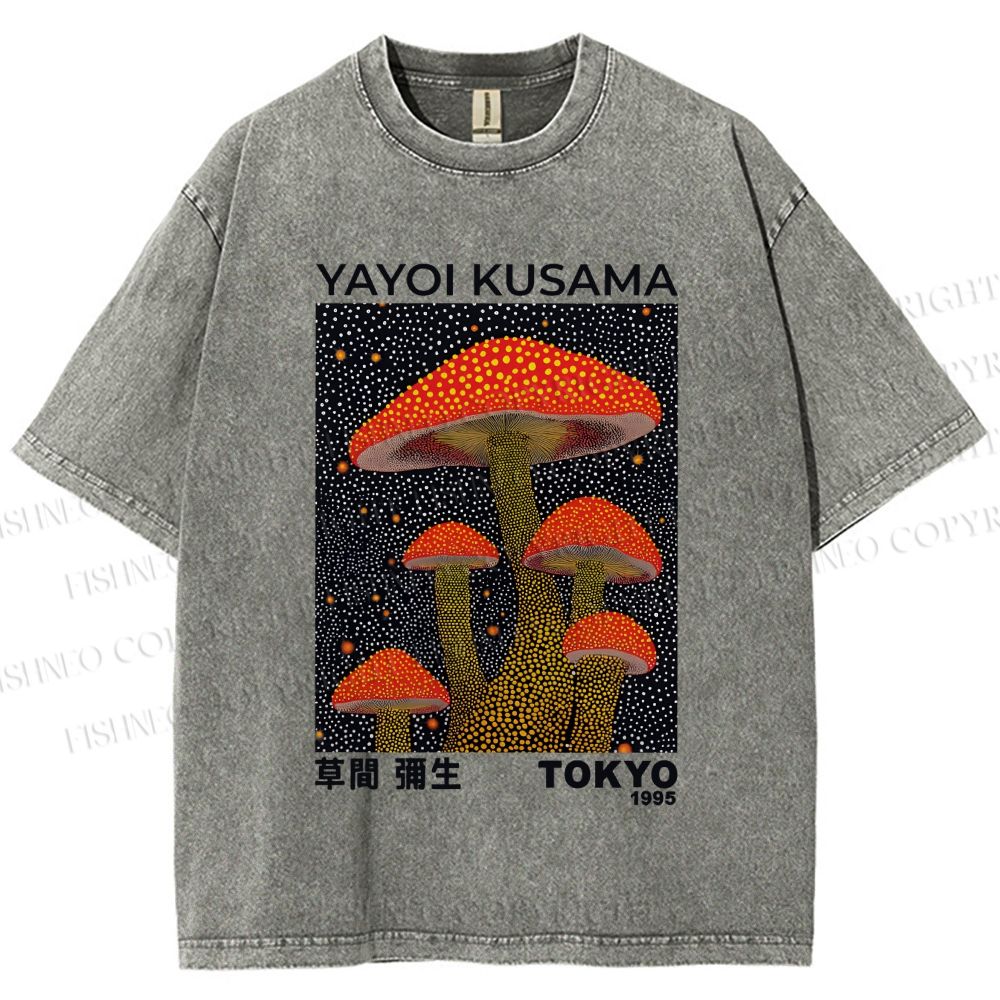Unisex Yayoi Kusama Red Mushroom Printed Washed Tee