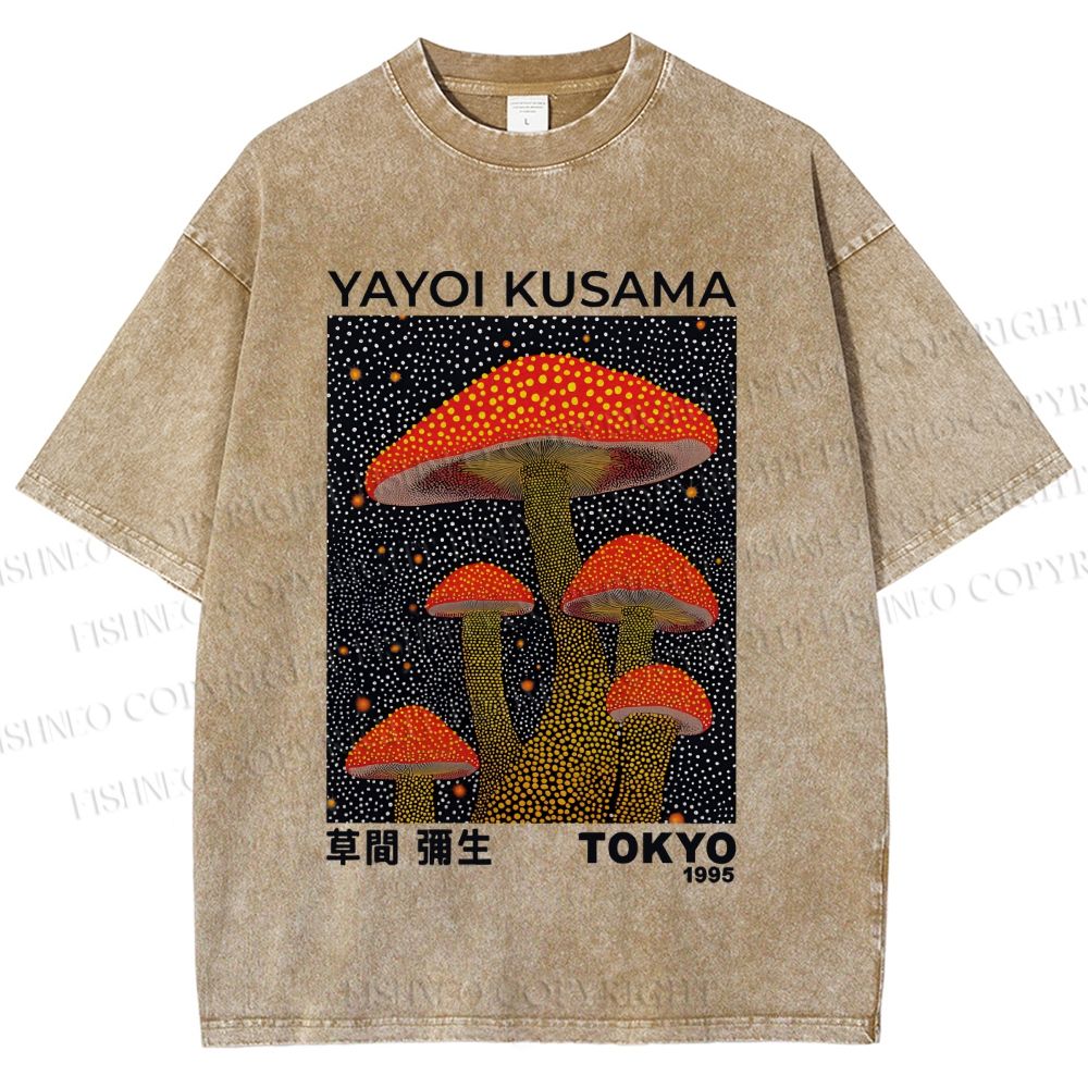 Unisex Yayoi Kusama Red Mushroom Printed Washed Tee