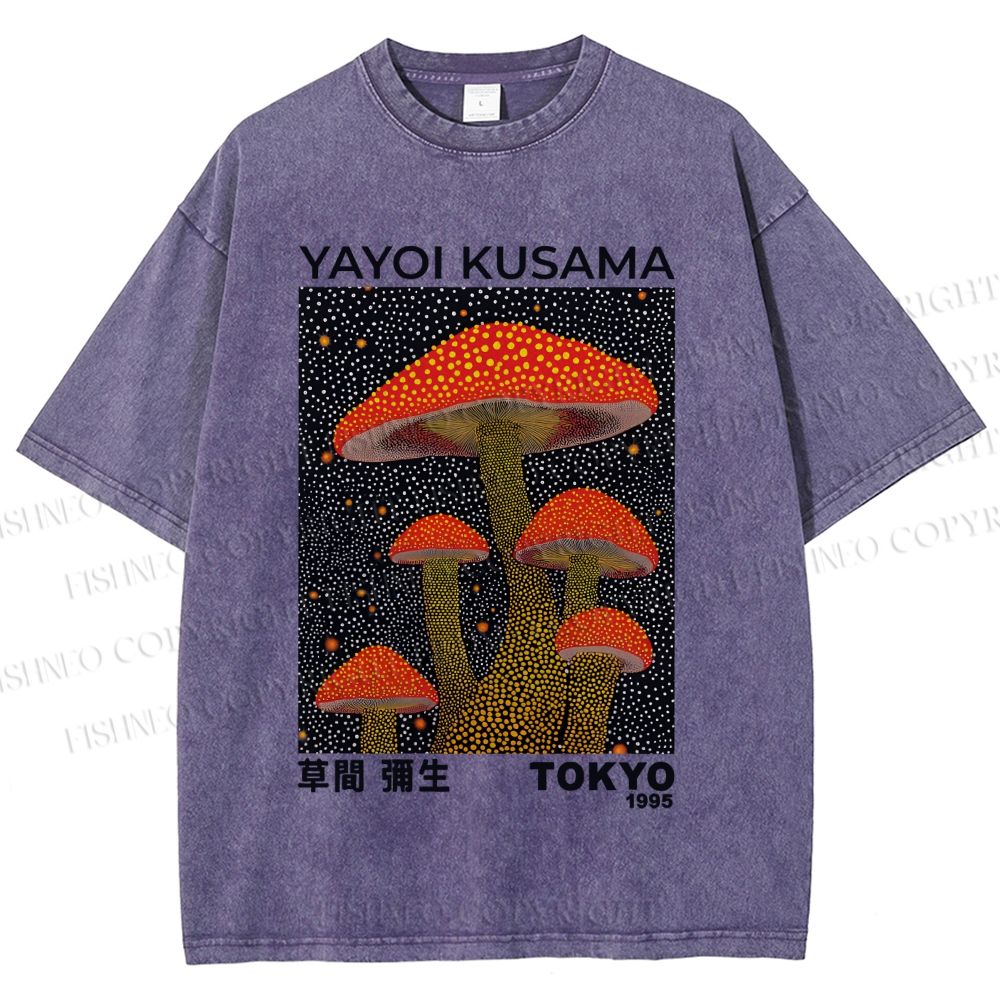 Unisex Yayoi Kusama Red Mushroom Printed Washed Tee