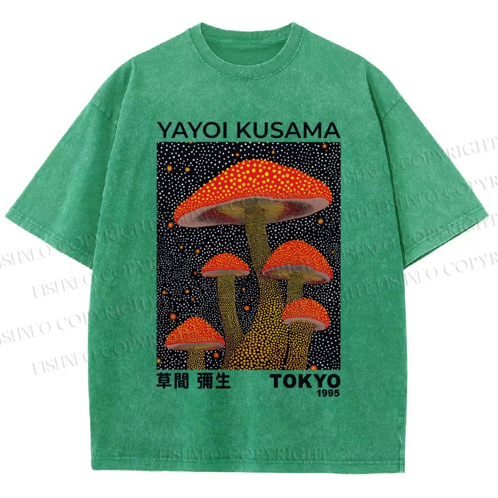 Unisex Yayoi Kusama Red Mushroom Printed Washed Tee