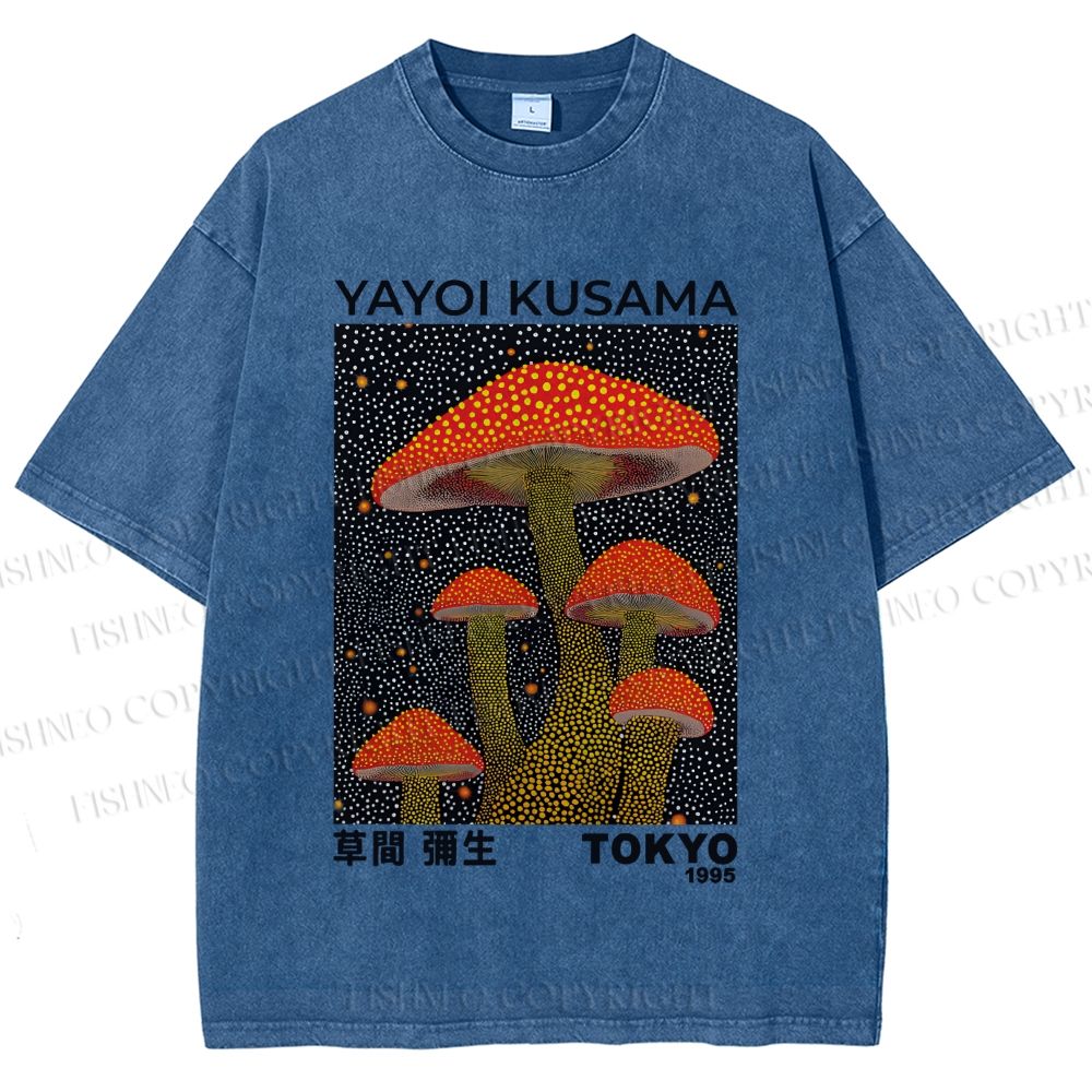 Unisex Yayoi Kusama Red Mushroom Printed Washed Tee