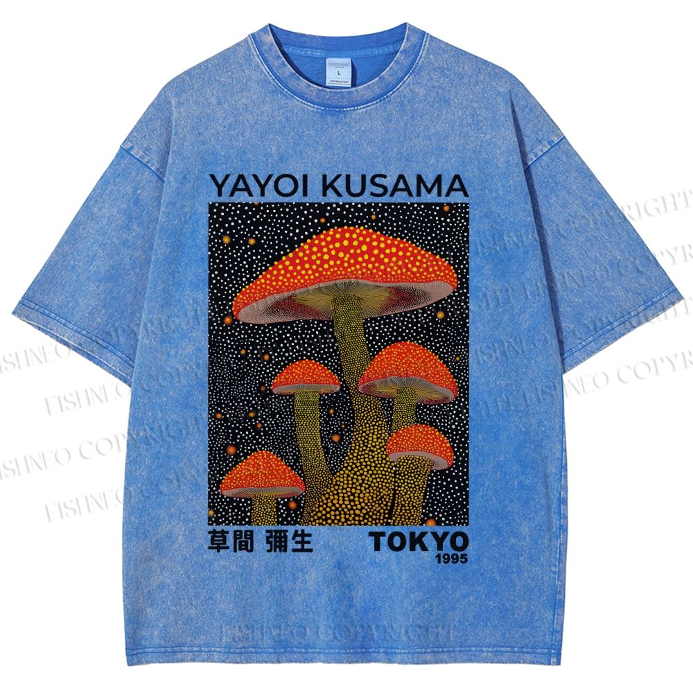 Unisex Yayoi Kusama Red Mushroom Printed Washed Tee