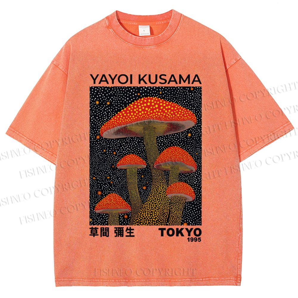 Unisex Yayoi Kusama Red Mushroom Printed Washed Tee