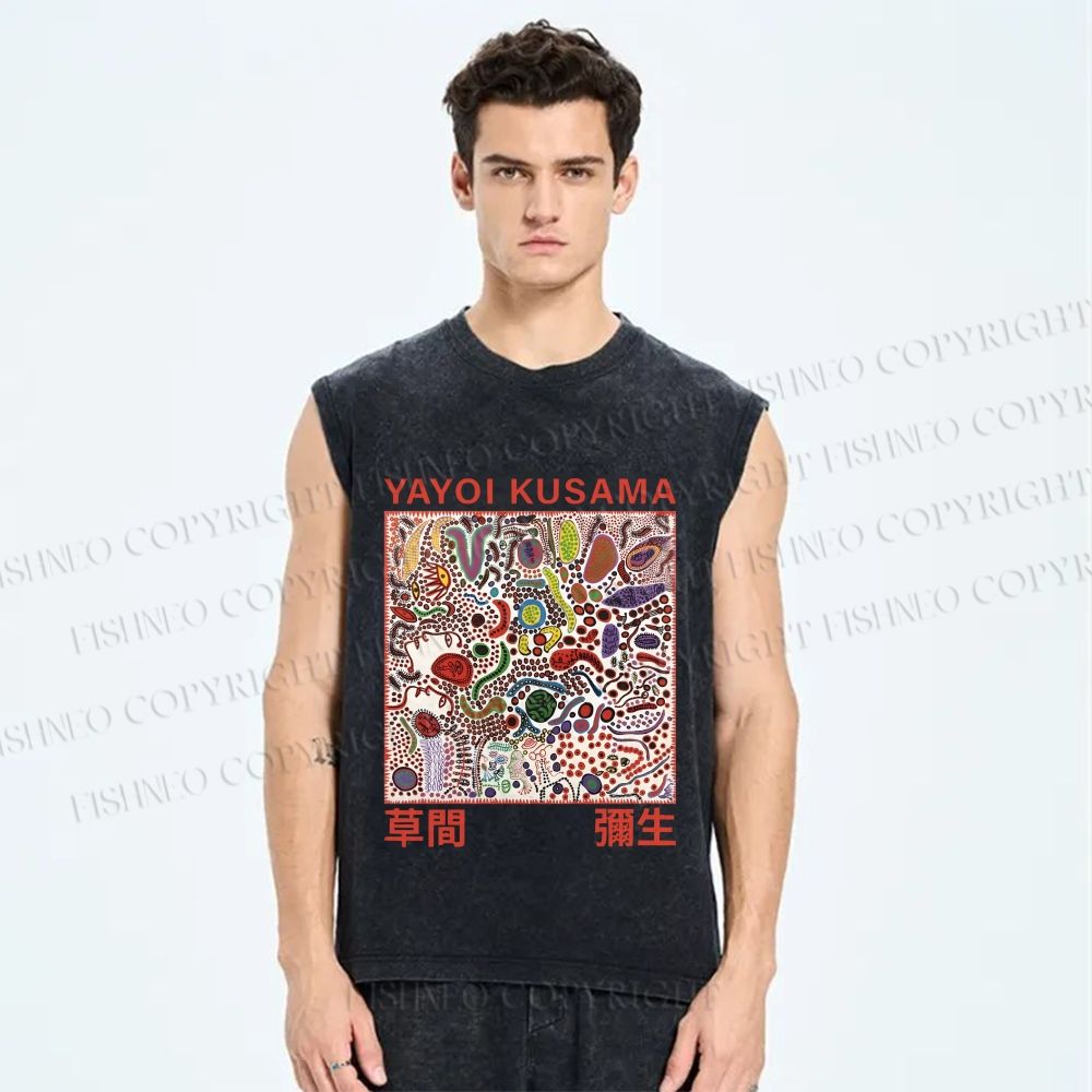 Unisex Yayoi Kusama Dots Graffiti Printed Washed Tank Top