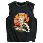 Cat Sushi Wave Vintage Distressed Washed Tank Top