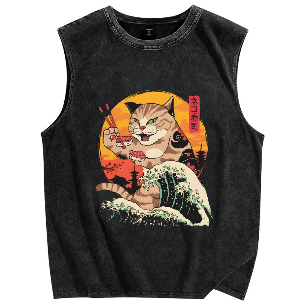 Cat Sushi Wave Vintage Distressed Washed Tank Top