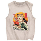 Cat Sushi Wave Vintage Distressed Washed Tank Top