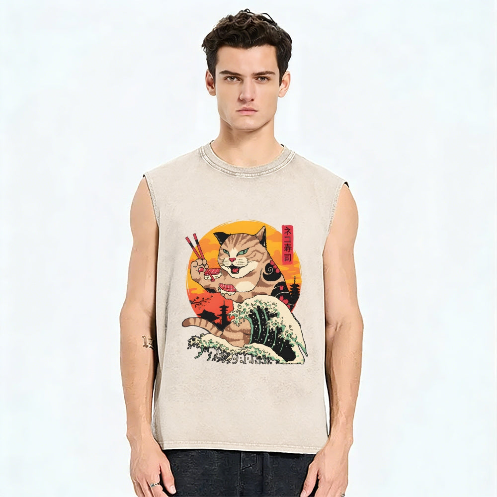 Cat Sushi Wave Vintage Distressed Washed Tank Top