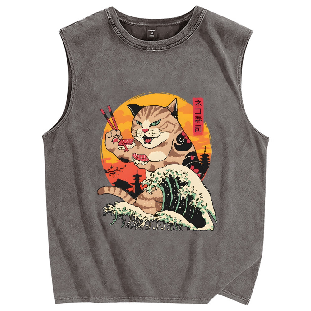 Cat Sushi Wave Vintage Distressed Washed Tank Top