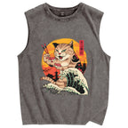 Cat Sushi Wave Vintage Distressed Washed Tank Top