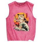 Cat Sushi Wave Vintage Distressed Washed Tank Top