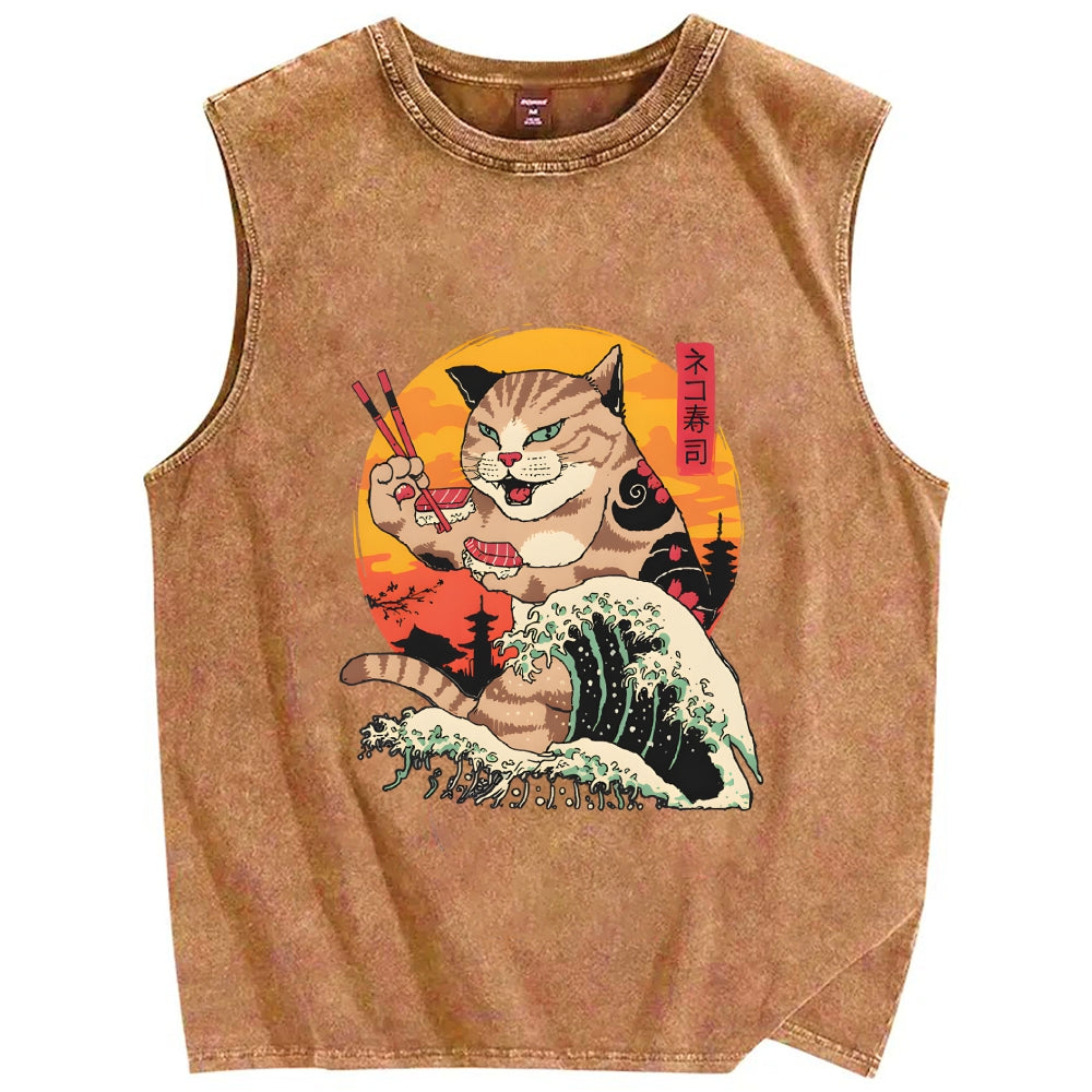 Cat Sushi Wave Vintage Distressed Washed Tank Top