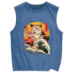 Cat Sushi Wave Vintage Distressed Washed Tank Top