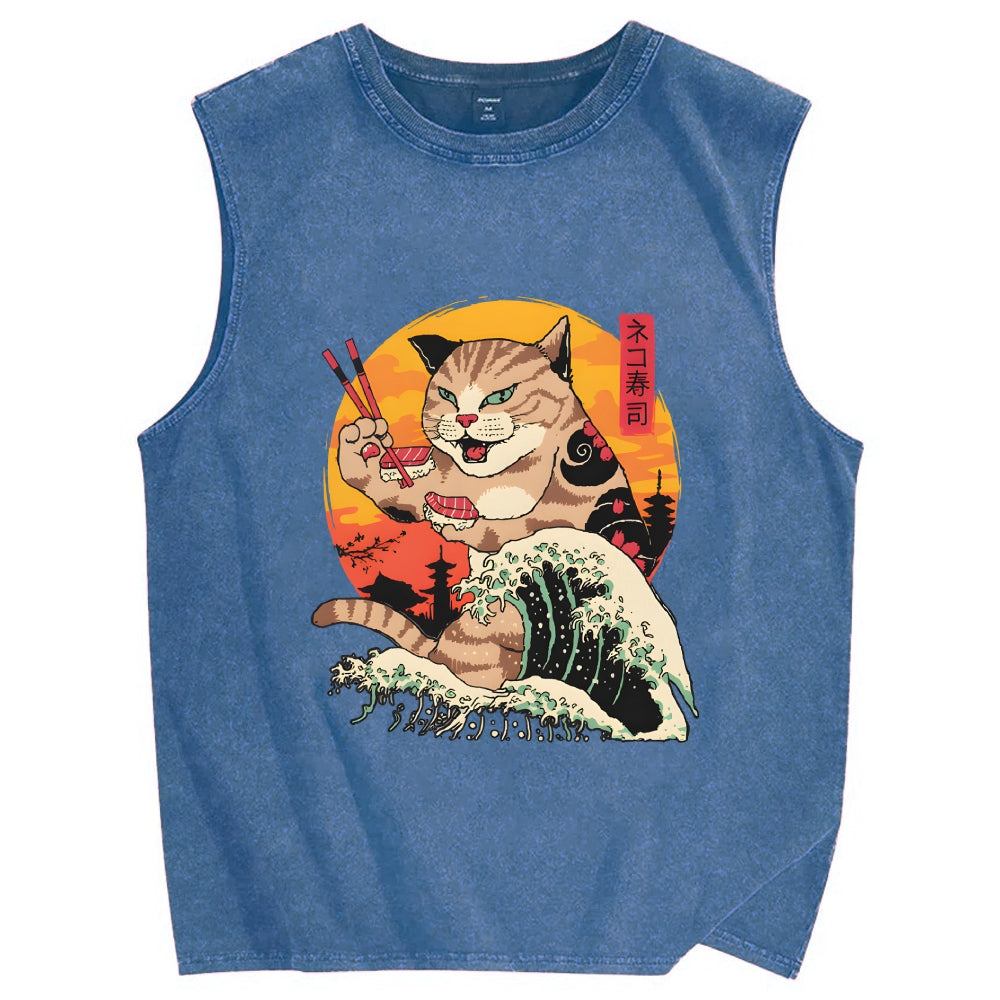 Cat Sushi Wave Vintage Distressed Washed Tank Top