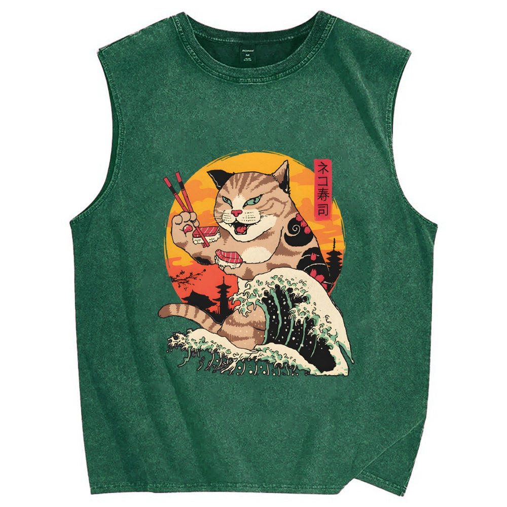 Cat Sushi Wave Vintage Distressed Washed Tank Top