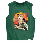 Cat Sushi Wave Vintage Distressed Washed Tank Top