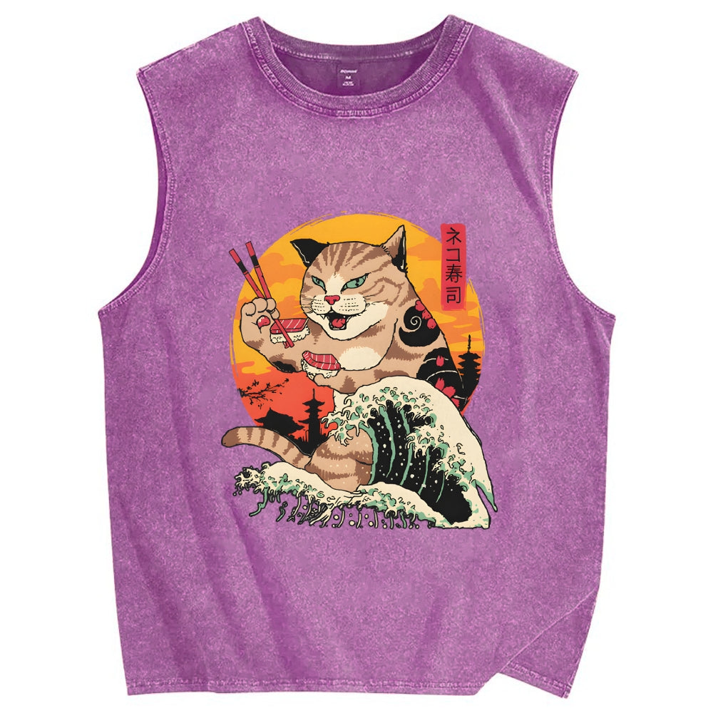 Cat Sushi Wave Vintage Distressed Washed Tank Top