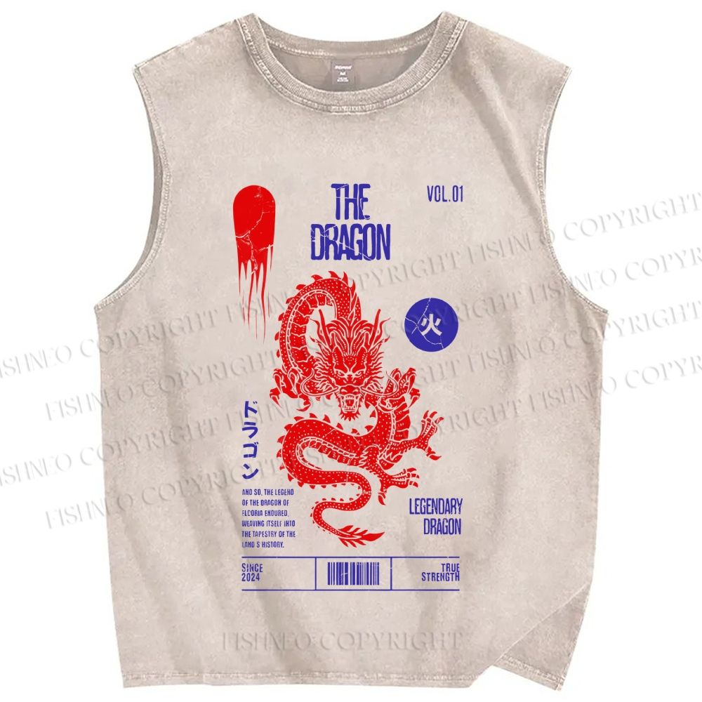 Unisex Dragon Printed Washed Tank Top