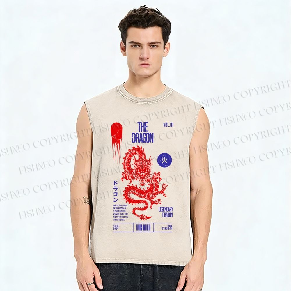 Unisex Dragon Printed Washed Tank Top