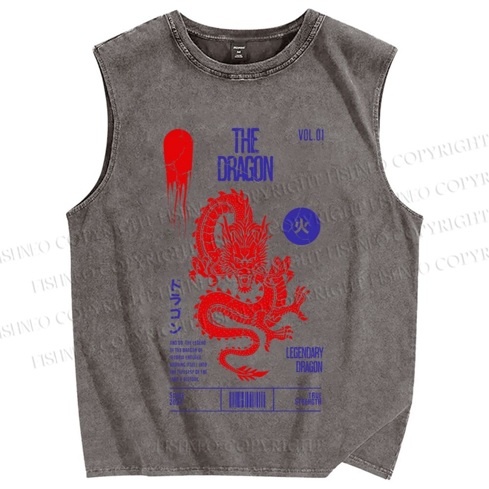 Unisex Dragon Printed Washed Tank Top