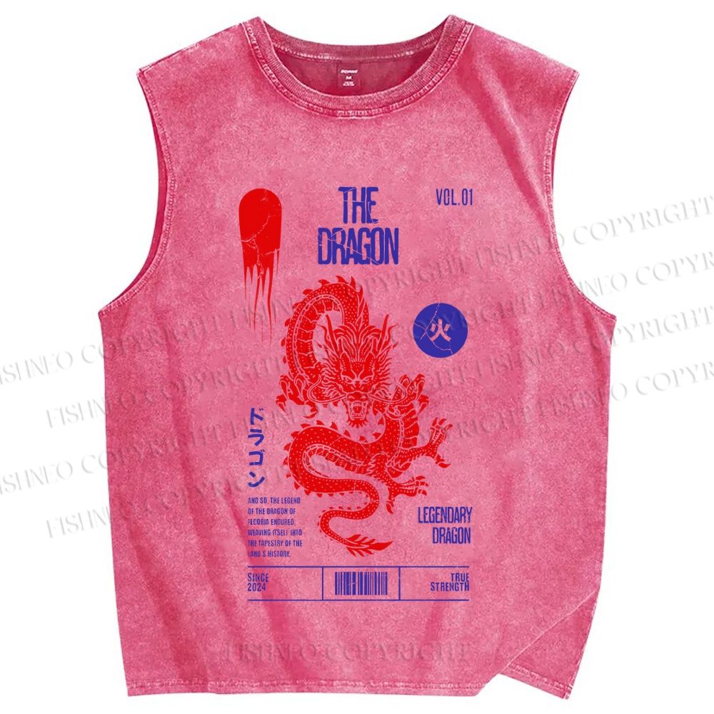 Unisex Dragon Printed Washed Tank Top