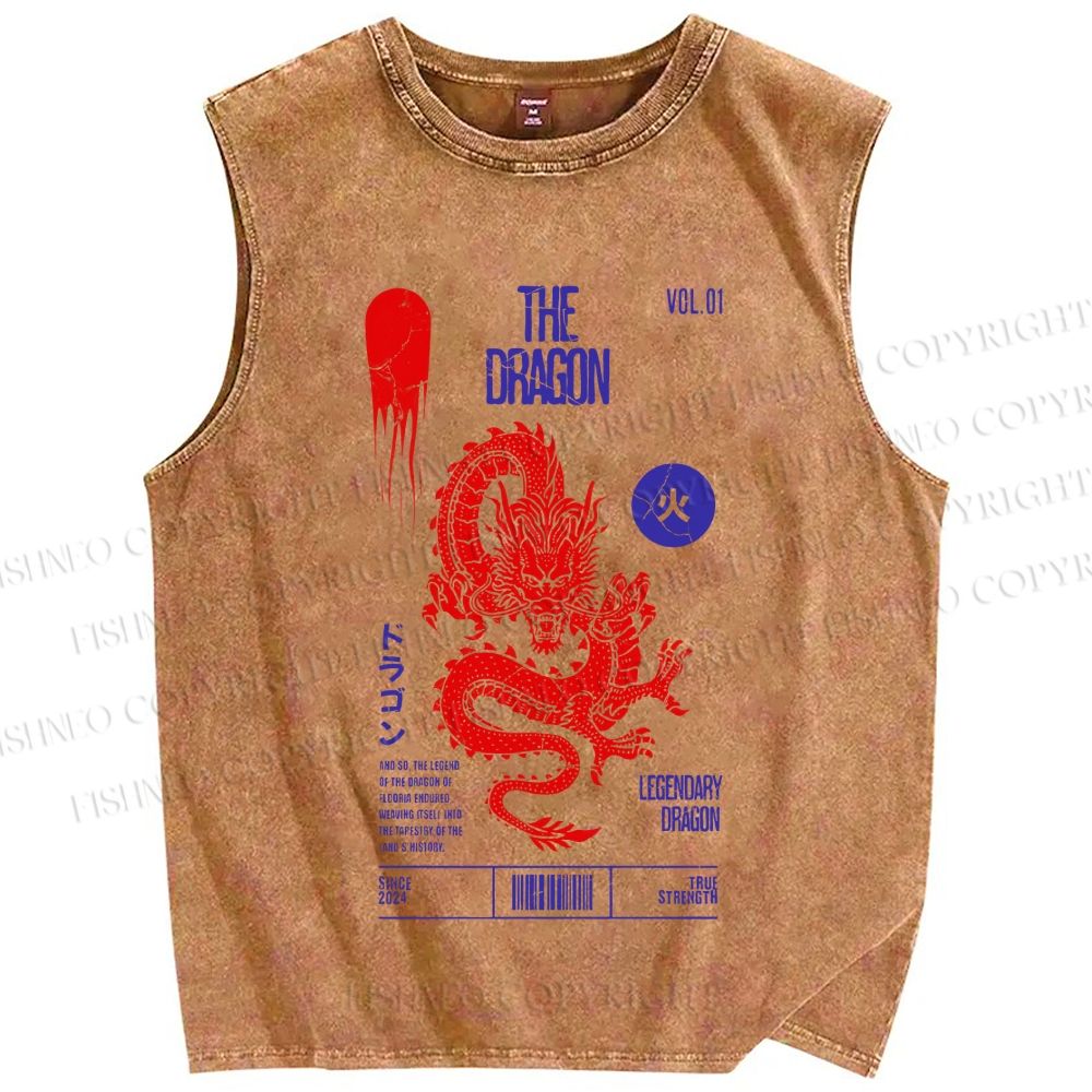 Unisex Dragon Printed Washed Tank Top