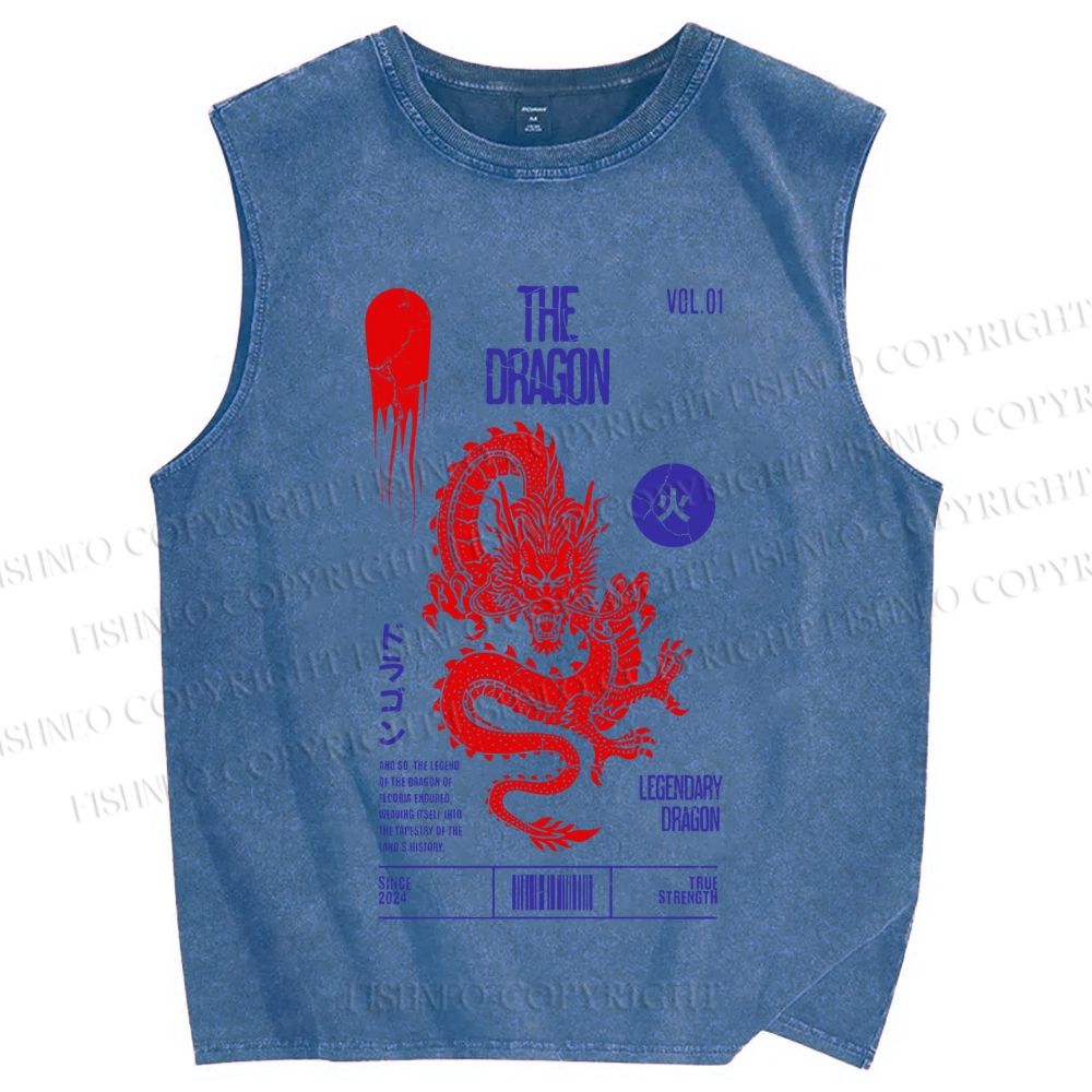 Unisex Dragon Printed Washed Tank Top