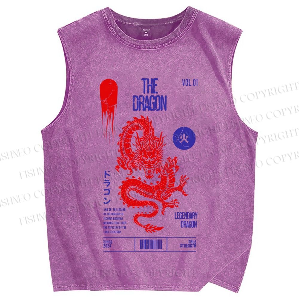 Unisex Dragon Printed Washed Tank Top