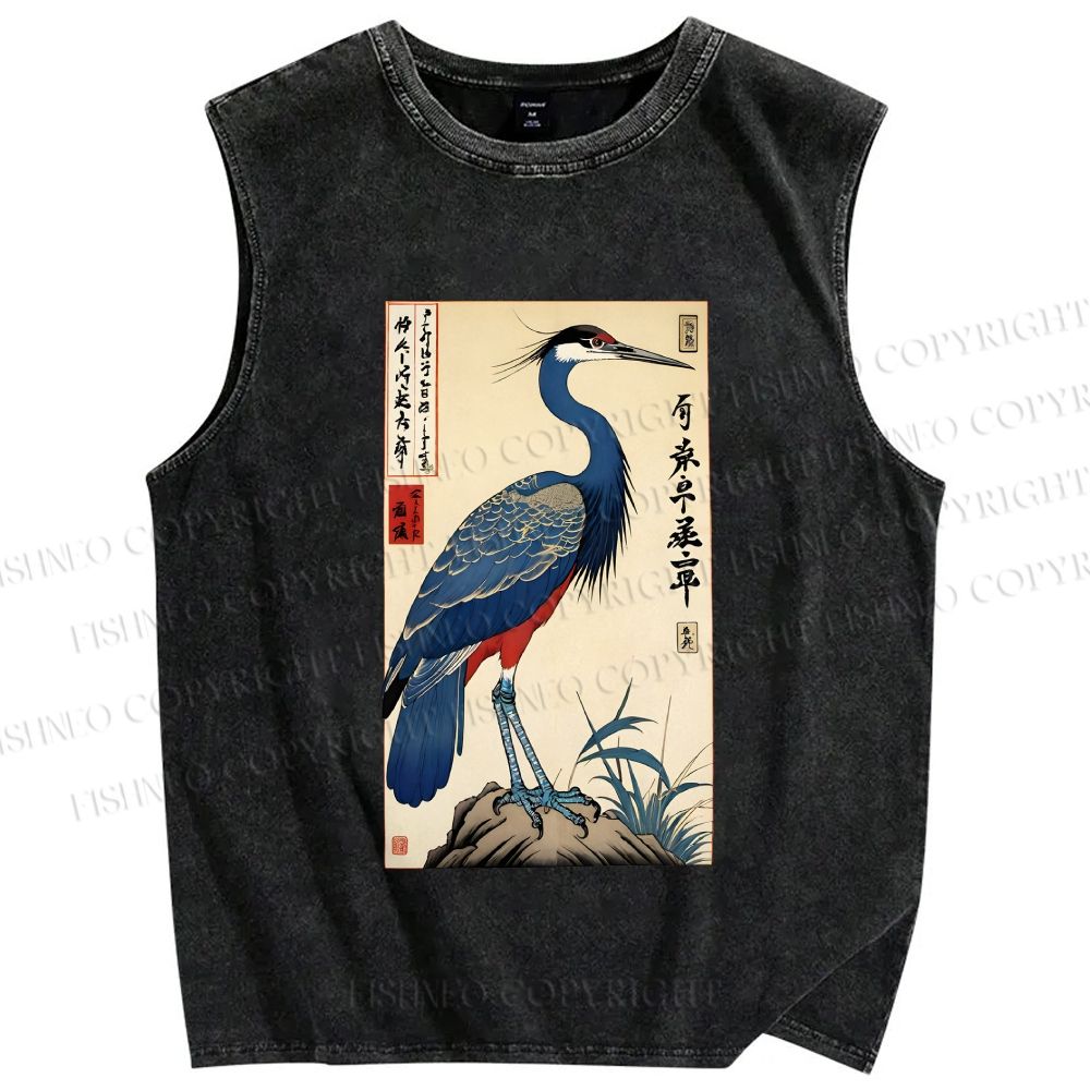 Unisex Colorful Crane Printed Washed Tank Top