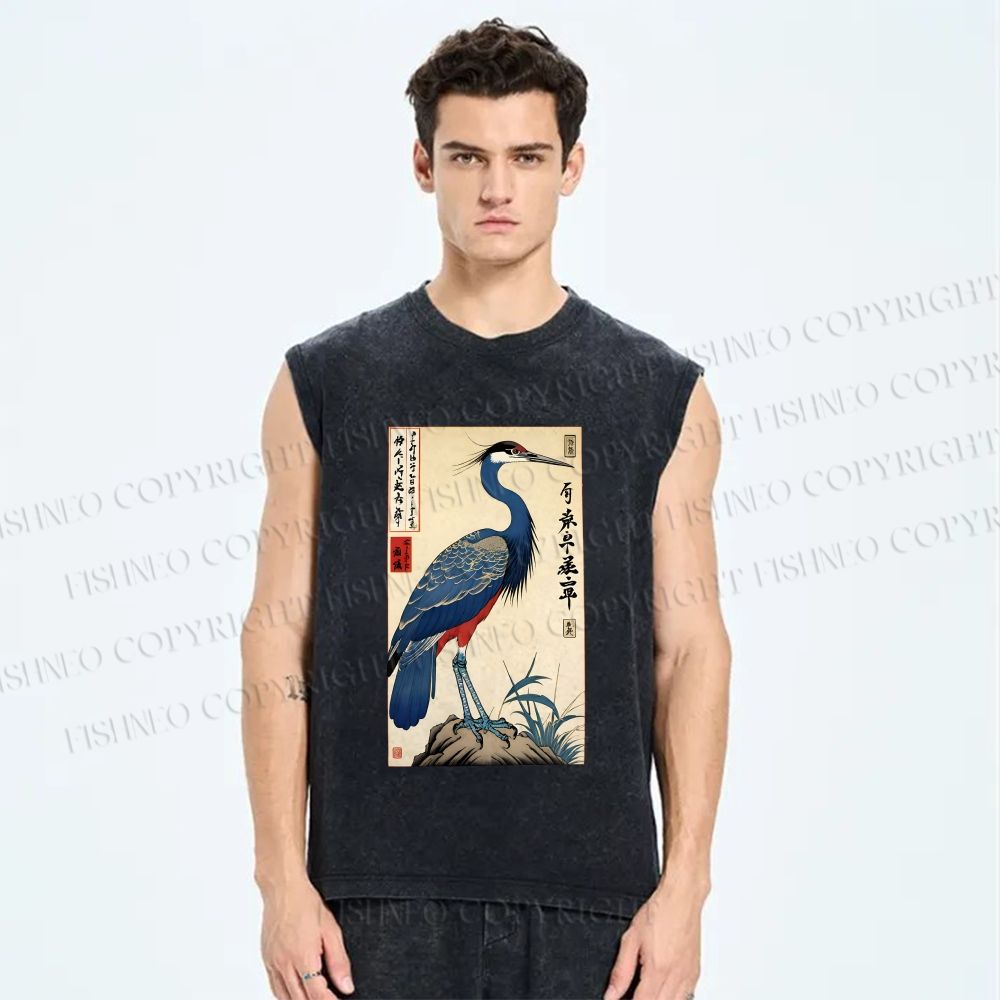 Unisex Colorful Crane Printed Washed Tank Top