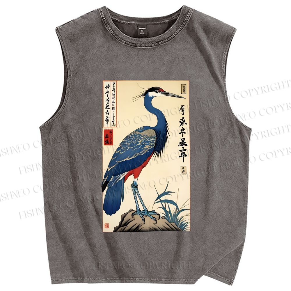 Unisex Colorful Crane Printed Washed Tank Top