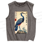 Unisex Colorful Crane Printed Washed Tank Top