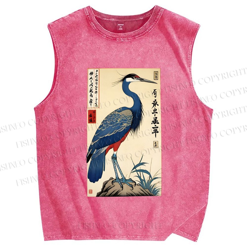 Unisex Colorful Crane Printed Washed Tank Top