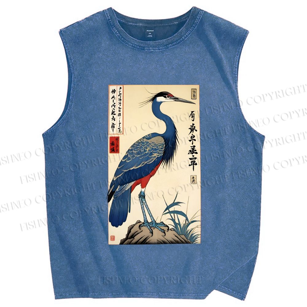 Unisex Colorful Crane Printed Washed Tank Top