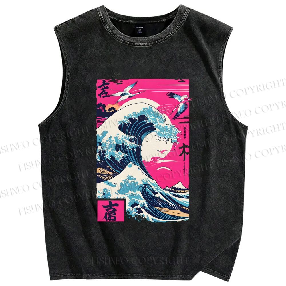 Unisex Hokkaido Wave Printed Washed Tank Top