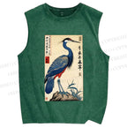 Unisex Colorful Crane Printed Washed Tank Top
