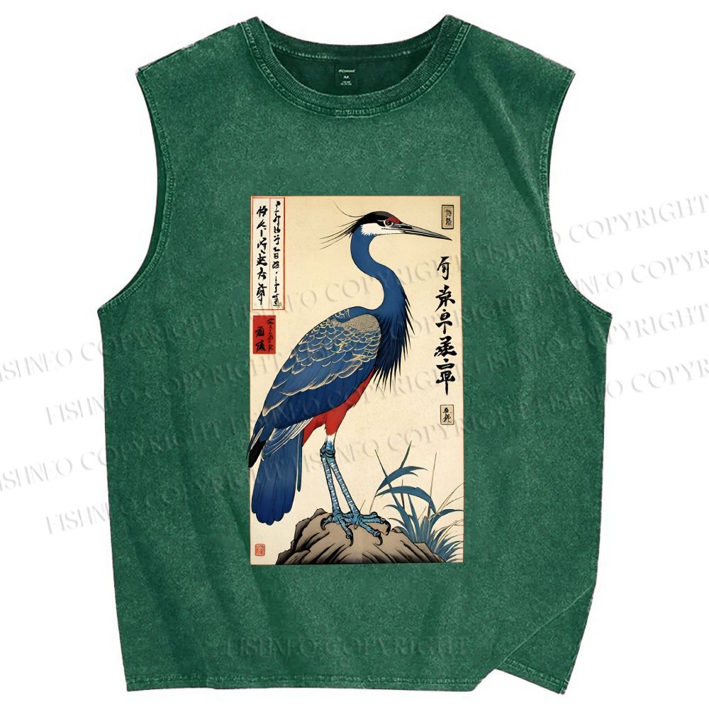 Unisex Colorful Crane Printed Washed Tank Top