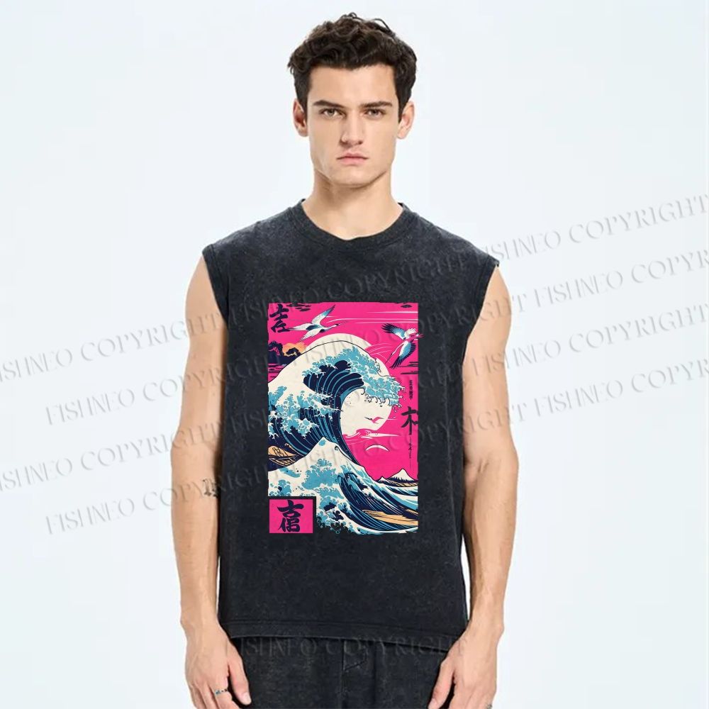 Unisex Hokkaido Wave Printed Washed Tank Top