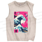 Unisex Hokkaido Wave Printed Washed Tank Top