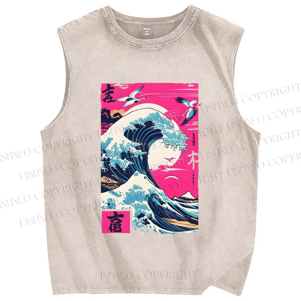 Unisex Hokkaido Wave Printed Washed Tank Top