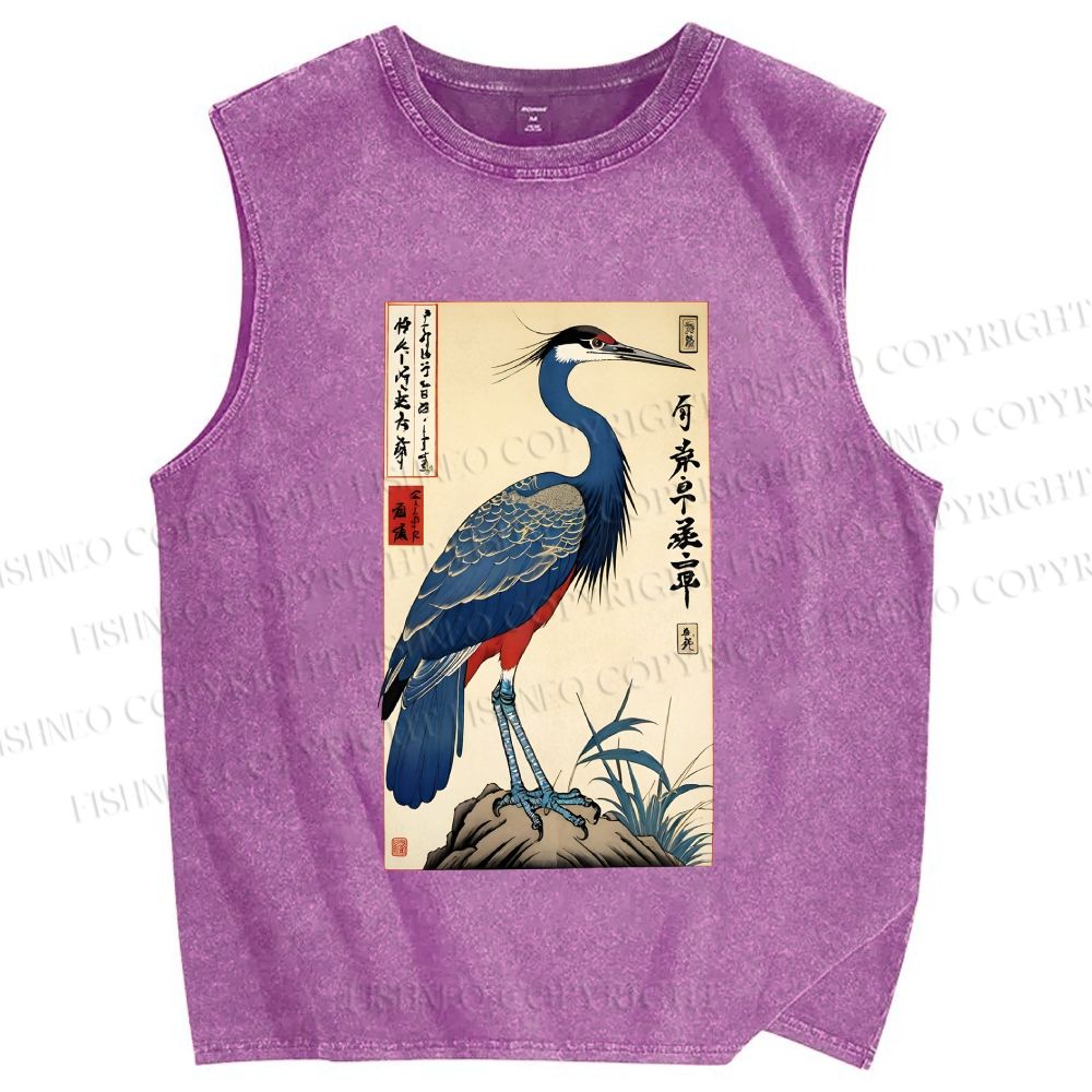 Unisex Colorful Crane Printed Washed Tank Top