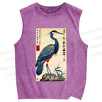 Unisex Colorful Crane Printed Washed Tank Top