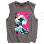 Unisex Hokkaido Wave Printed Washed Tank Top