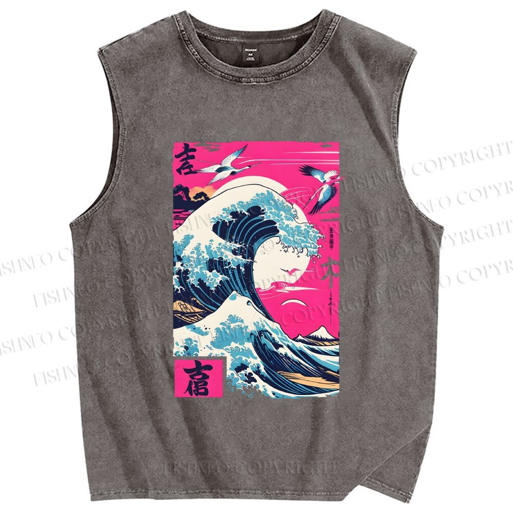 Unisex Hokkaido Wave Printed Washed Tank Top