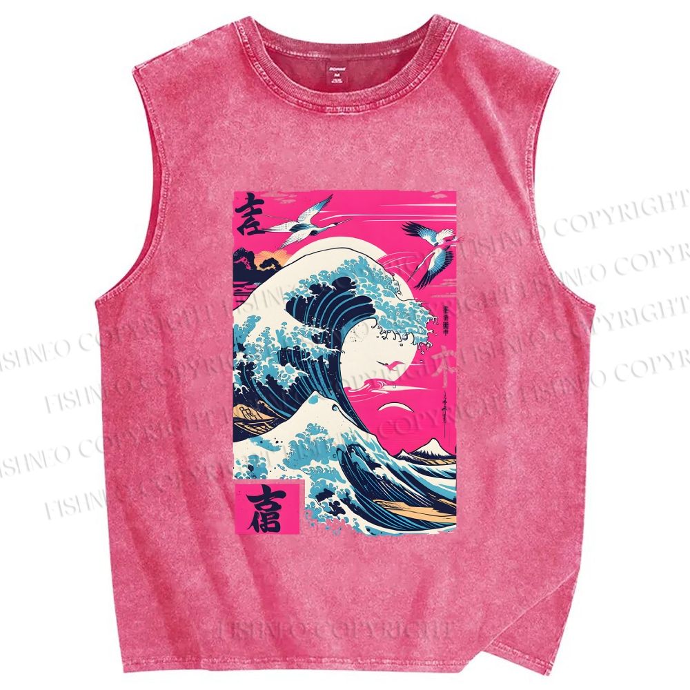Unisex Hokkaido Wave Printed Washed Tank Top
