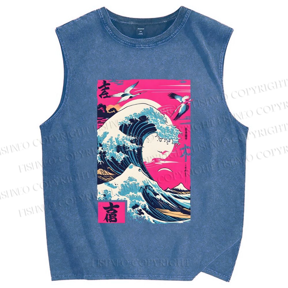 Unisex Hokkaido Wave Printed Washed Tank Top
