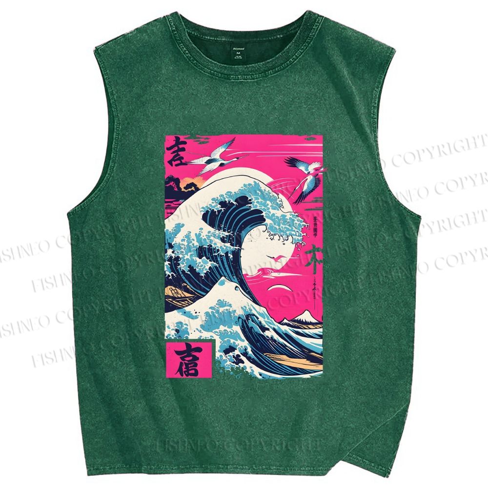 Unisex Hokkaido Wave Printed Washed Tank Top